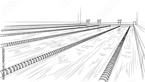 Swimming pool line art: calm water lane lines perspective