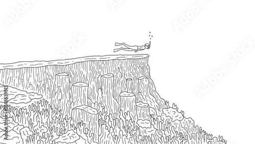 Diving adventure over coral reef cliff in black and white outline