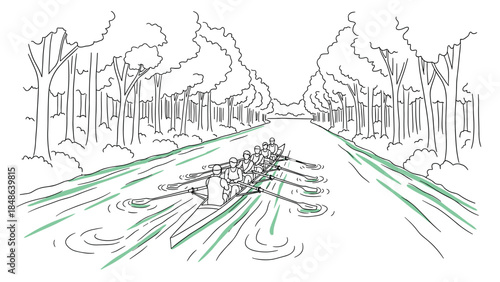 Rowing team in action on river surrounded by forest illustration