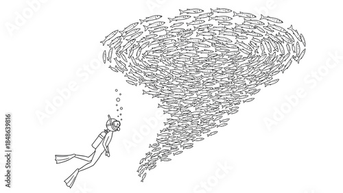 Diver observing swirling school of fish in detailed outline style