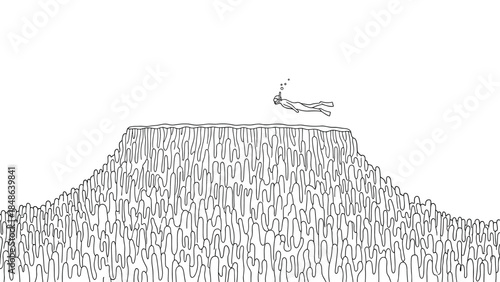 Diver exploring abstract underwater world in minimalist line art design