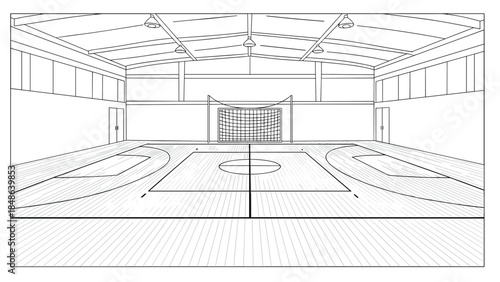 Linear indoor basketball court design with detailed perspective view