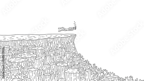 Diver exploring coral reef edge in minimalist black and white line art style
