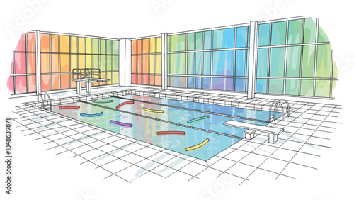 Colorful indoor pool with noodles and diving board in linear art style