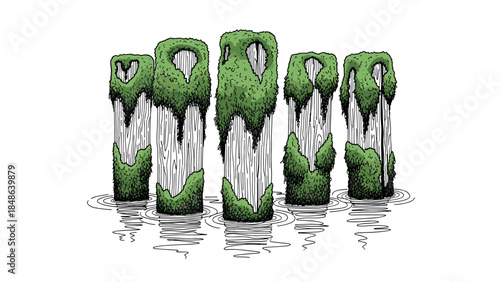 Mystical water pillars with mossy tops reflecting in rippling water