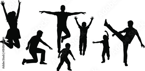 Active people silhouettes jumping and moving energetically, joyful human motion concept, adults and children expressing freedom isolated on white background