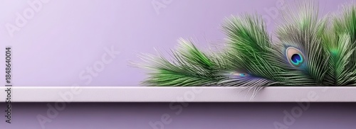 Elegant peacock feathers rest on a minimalist white shelf against a soft lilac wall, creating a serene and stylish scene