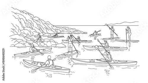 Outdoor water adventure with canoeing and stand-up paddleboarding in scenic landscape