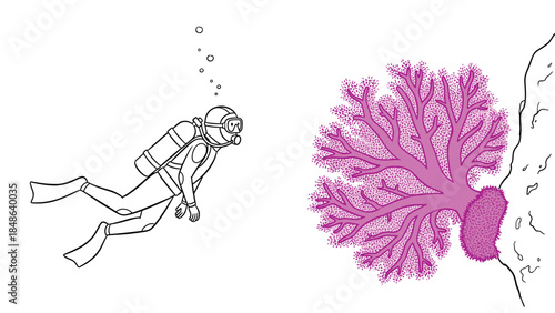 Diver exploring vibrant coral reef in black and pink line art style
