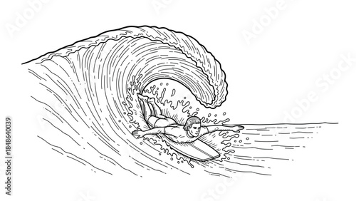 Dynamic surfing scene with surfer riding a powerful wave in detailed black and white line art