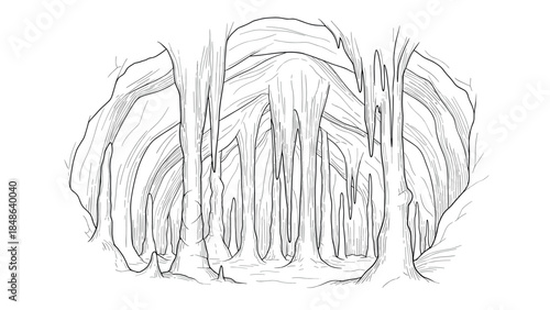 Intricate line drawing of mysterious underground cavern with stalactites and stalagmites