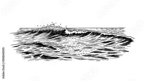 Monochrome ocean waves: detailed hand-drawn rustic ink art depicting majestic sea