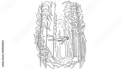 Linear underwater scene with diver exploring majestic kelp forest
