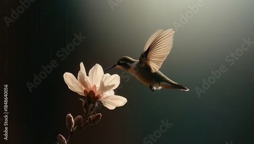 A hummingbird delicately sips nectar from a pale blossom, wings outstretched in mid-flight, bathed in soft light