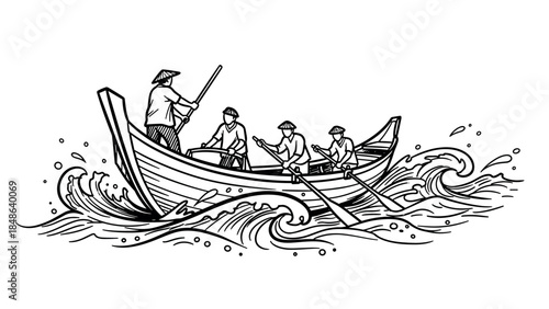 Traditional boat with rowers navigating waves in detailed line art style