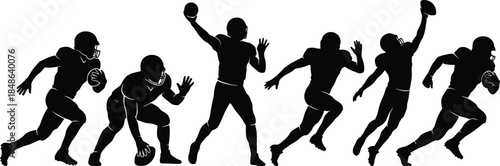 American football player silhouettes in action poses, running throwing catching ball, dynamic sports illustration set, isolated on white background