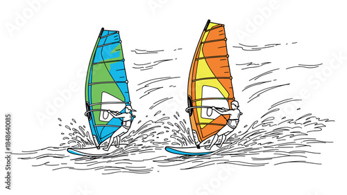 Thrilling windsurfing adventure with colorful sails in motion