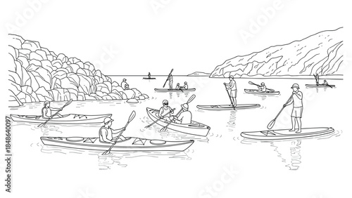 Outdoor adventure in nature: people kayaking and paddleboarding in serene landscape