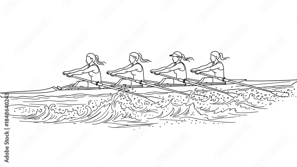 Fototapeta premium Team of rowers in action: outline of four women rowing together in sync
