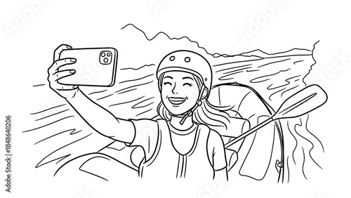 Adventure selfie: woman kayaking and capturing the moment in black and white line art