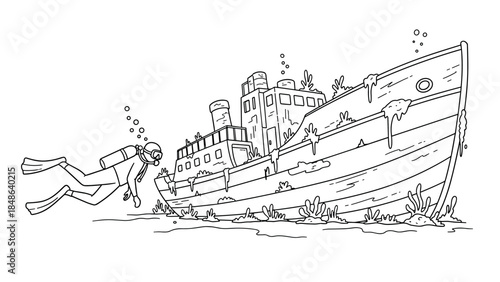 Scuba diver exploring a sunken shipwreck in detailed cartoon style line art