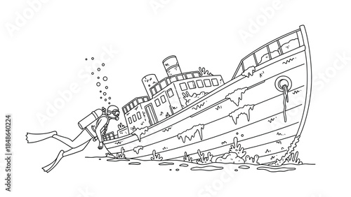 Underwater adventure: scuba diver exploring sunken shipwreck