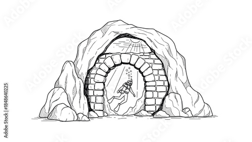 Monochrome diving adventure: diver exploring submerged cave archway