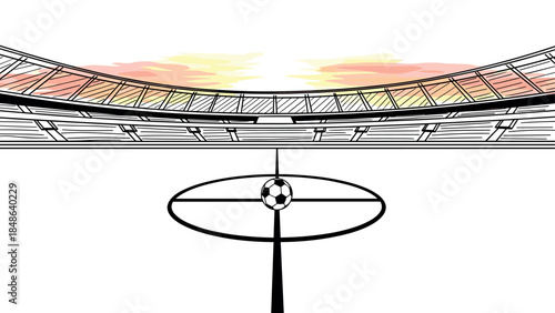Contemporary soccer stadium arena at sunset with a focus on the center circle