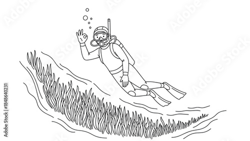 Underwater adventure: scuba diver exploring ocean life in linear style