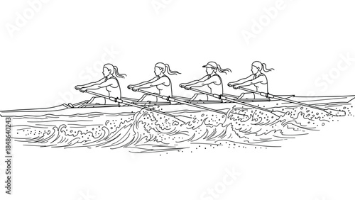 Team of rowers in action: outline of four women rowing together in sync