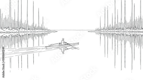 Tranquil canoe ride on serene lake with forest reflection in linear style