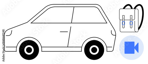 Transportation, travel, learning, education, media, technology. Minimalist car design with a backpack and video icon. Travel and education concepts through car and backpack ion