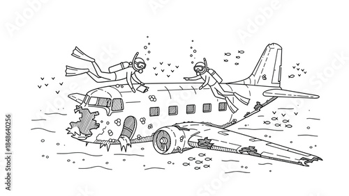 Scuba divers exploring underwater airplane wreck in black and white line art