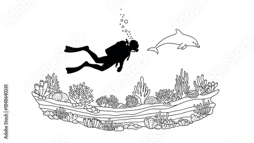 Scuba diver and dolphin in coral reef silhouette art with marine life