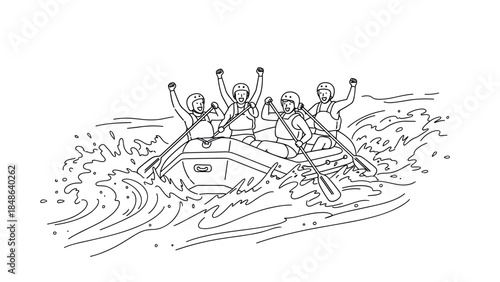 Exciting whitewater rafting adventure with team in linear style