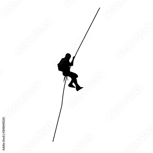 A minimalist black silhouette of a climber rappelling down a rope. This dynamic action graphic is perfect for outdoor adventure branding, sports logos, or posters.