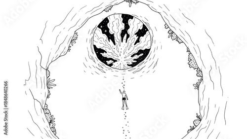 Surreal black and white cave with diver exploring cosmic scene