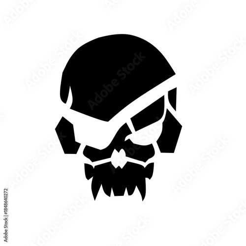 Edgy pirate skull silhouette featuring a bold eye patch and aggressive fanged jaw. A striking graphic perfect for gaming avatars, biker patches, or street apparel.