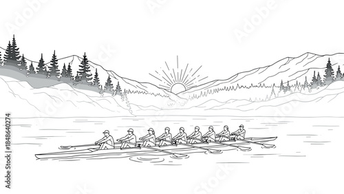 Linear rowing team in scenic mountain landscape with sunrise