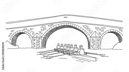 Rowing team under stone bridge: linear outline of athletes in action