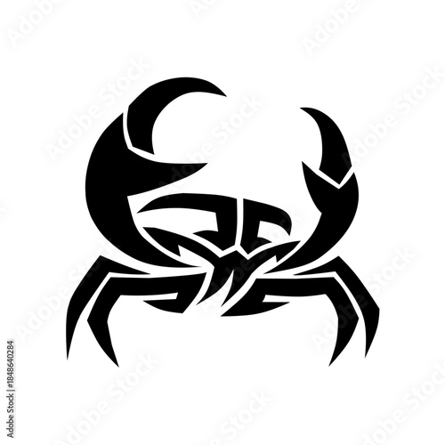 A striking tribal crab logo featuring sharp, curved lines and a bold black silhouette. Ideal for seafood branding, beach-themed sports teams, or unique tattoo designs.