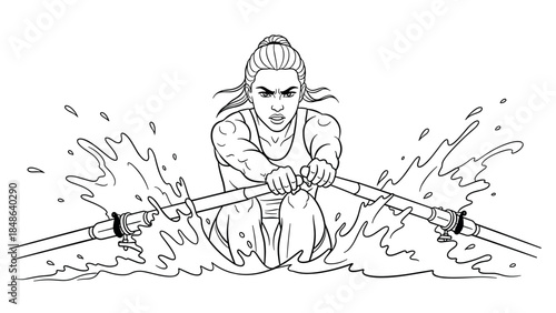 Dynamic line art of female rower in action on splashing water