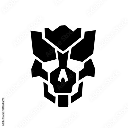 Aggressive robotic skull mascot featuring sharp geometric lines and a futuristic mecha design. Perfect for gaming clans, tech branding, or sci-fi apparel and projects.