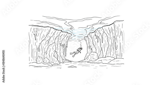 Scuba diver exploring underwater canyons in minimalist line art
