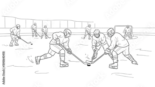 Dynamic ice hockey match scene with players in line art on rink