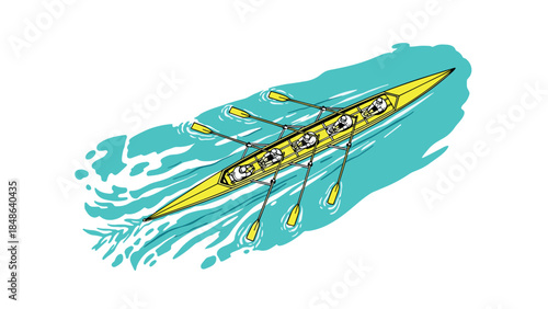 Colorful team rowing in yellow boat on blue water splash