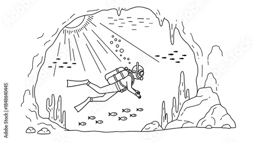Diver exploring underwater cave with marine life in linear style