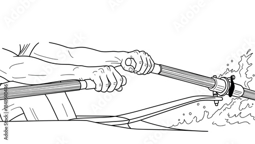 Hands rowing a boat with powerful strokes in black and white line art