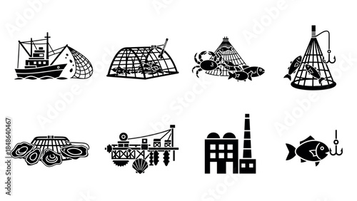 Aquaculture icons: fishing, farming, and seafood harvesting in minimalist style