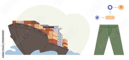 Cargo ship moving containers over the sea, paired with icons of tracking and pants to symbolize logistics, shipping, production, and distribution. Ideal for global trade, maritime industry